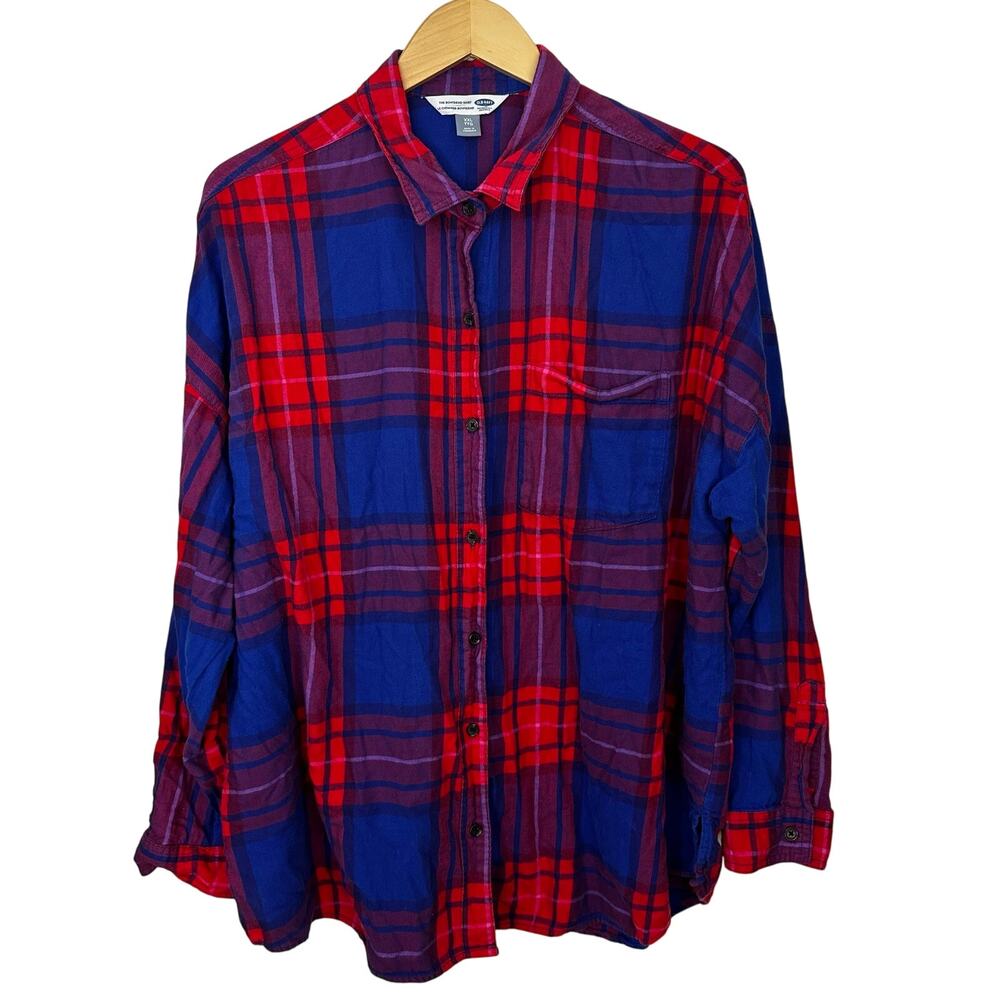 Old Navy The Boyfriend Shirt Women's XXL Blue Red Plaid‎ Button Down Long Sleeve